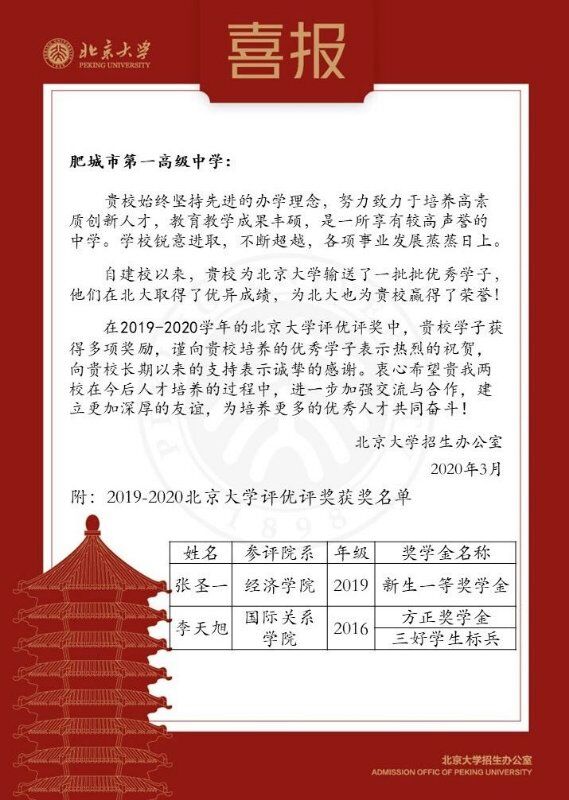 喜报!山东省肥城一中收到北京大学喜报了!