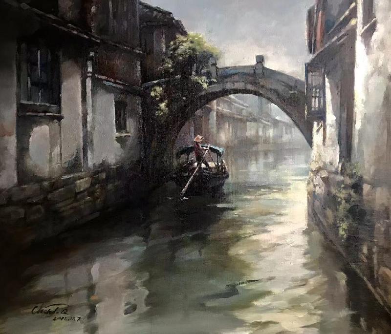 水乡梦舟｜诗画配乐朗诵，画作旅日画家陳建强，配诗旅日诗人季风，播音旅日静月晴美老师｜海外头条（图3）