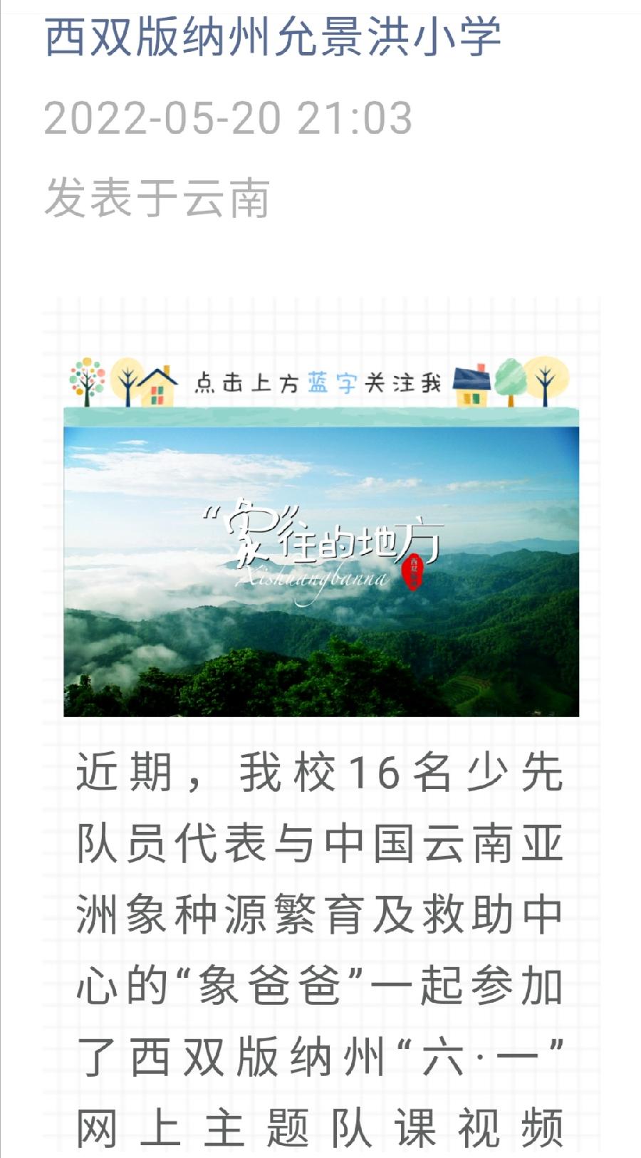 【允美教育】我校少先队员代表参加西双版纳州“六·一”网上主题队课视频《“象”往的地方》