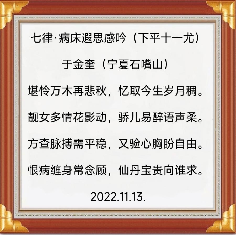 诗人于金奎(宁夏石嘴山):七律·病床遐思感吟（下平十一尤）（图4）