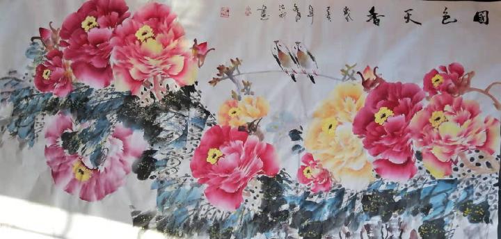 为庆祝“建国七十周年”史治科巨幅丈八牡丹《春风万里图》在北京博物馆展出，恭喜荣获一等奖！共赋诗庆贺！（图33）