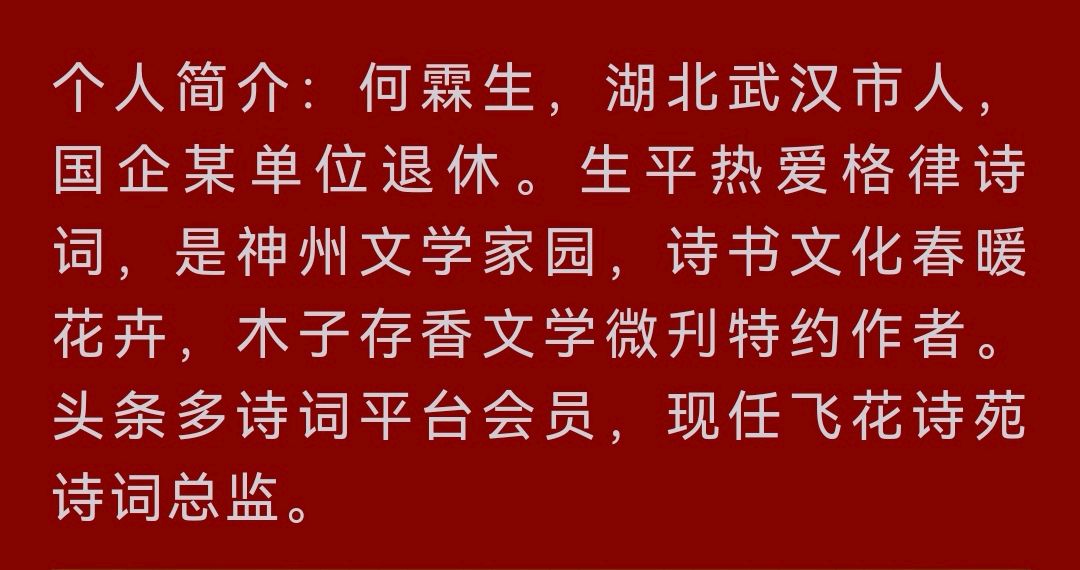 武汉诗人何霖生绝律七章唯美佳作欣赏∥中国桂林都市漓江诗书画社(第98期)(图5)