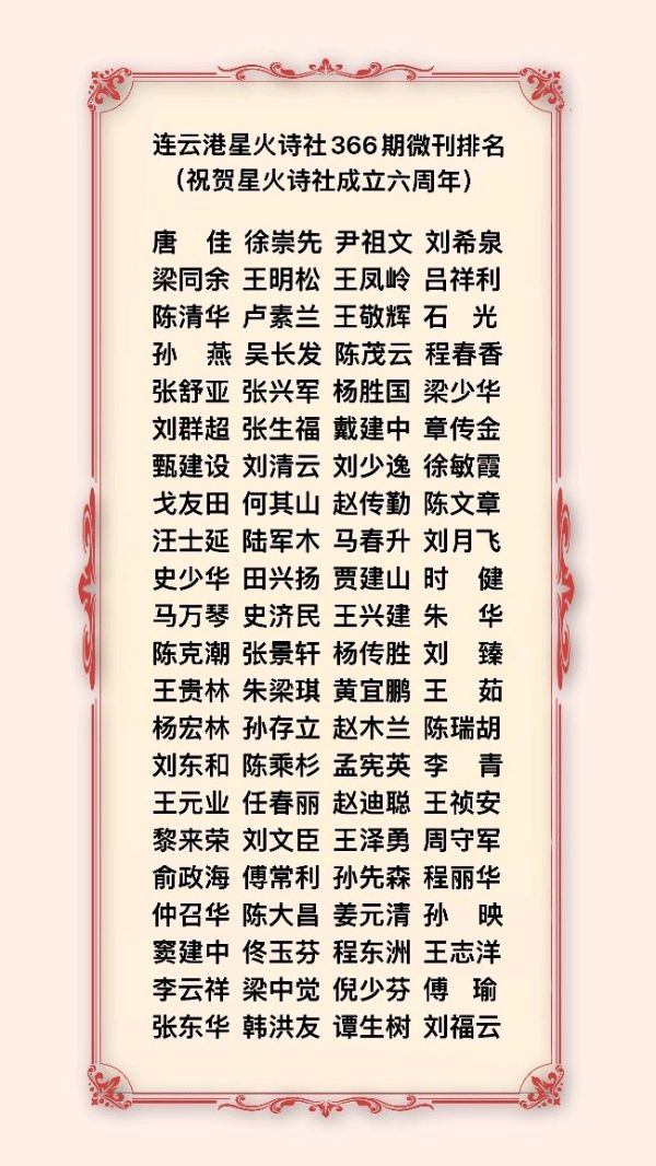 连云港星火诗社366期微刊《祝贺星火诗社创建六周年》