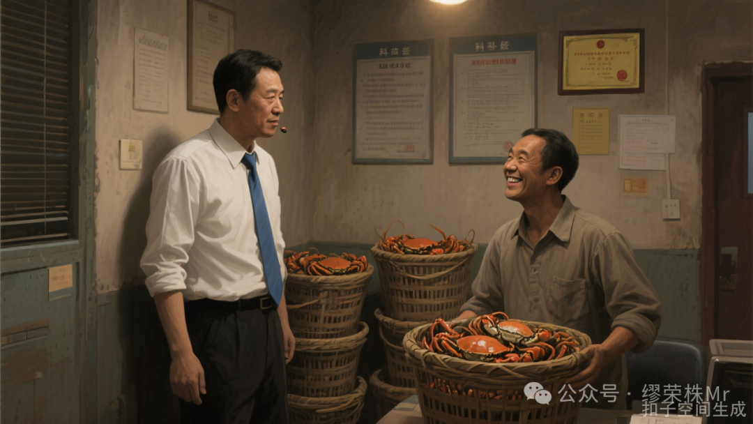 科长在送蟹人面前低声嘀咕,送蟹人微笑点头