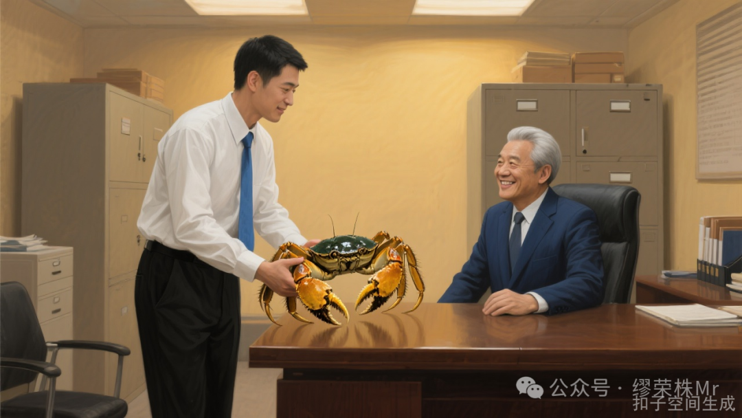 行政科长向局长汇报野生溱湖簖蟹,科长手持螃蟹,表情恭敬,局长面露喜色
