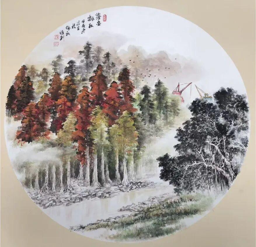梁汉钊 国画《鎏金飘红》