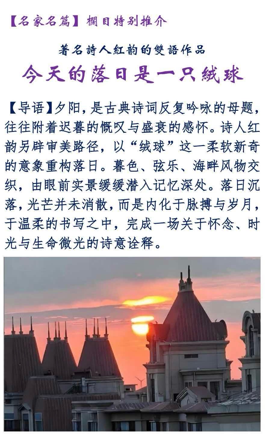 【世界华人文学城】第51期“名家名篇”《今天的落日是一只绒球》（双语）作者：红韵，赏析：王志光（图4）