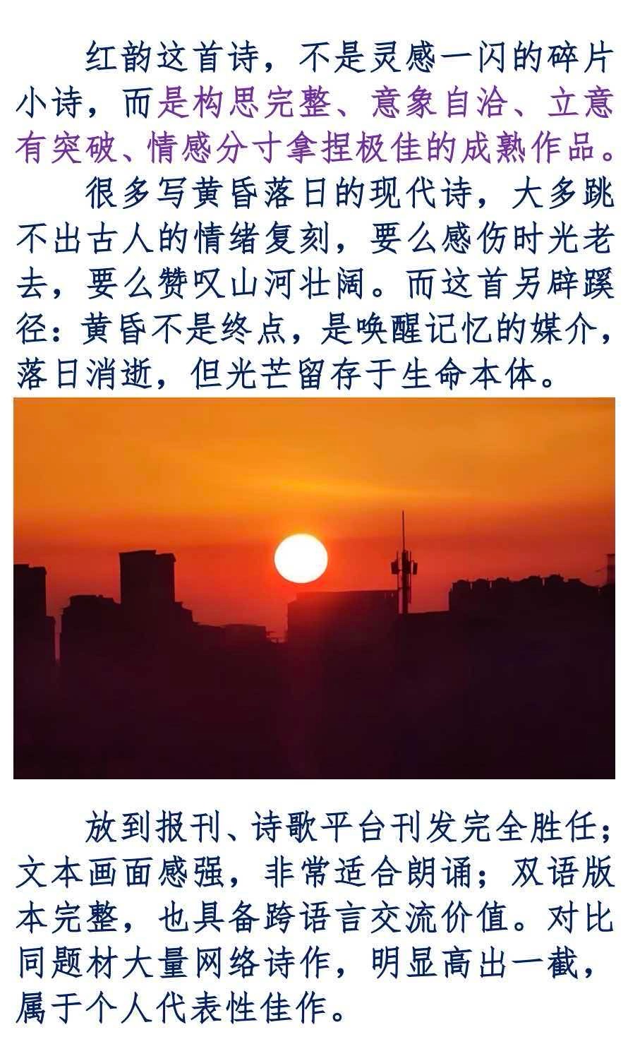 【世界华人文学城】第51期“名家名篇”《今天的落日是一只绒球》（双语）作者：红韵，赏析：王志光（图7）