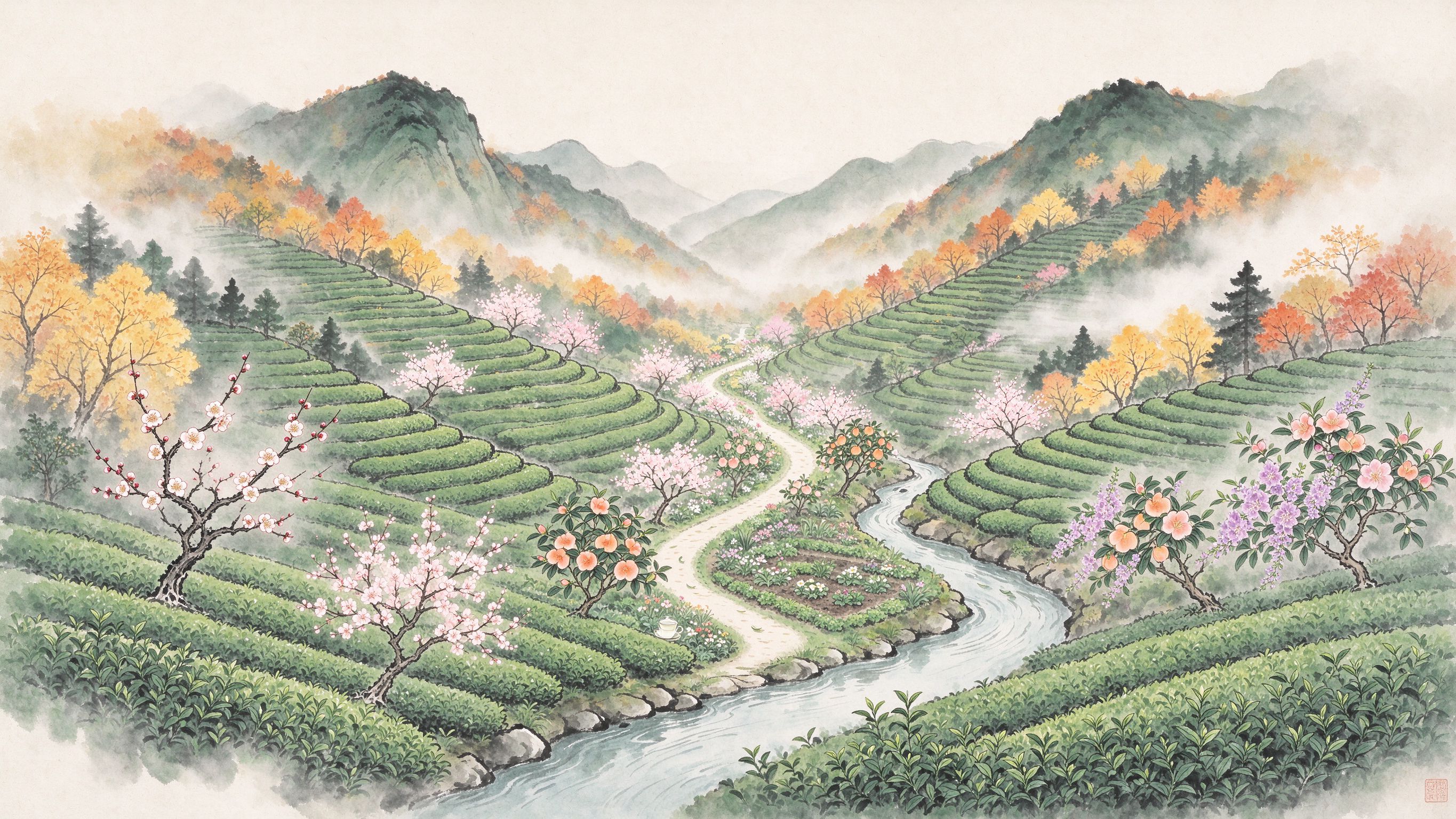 茶在花中茶园