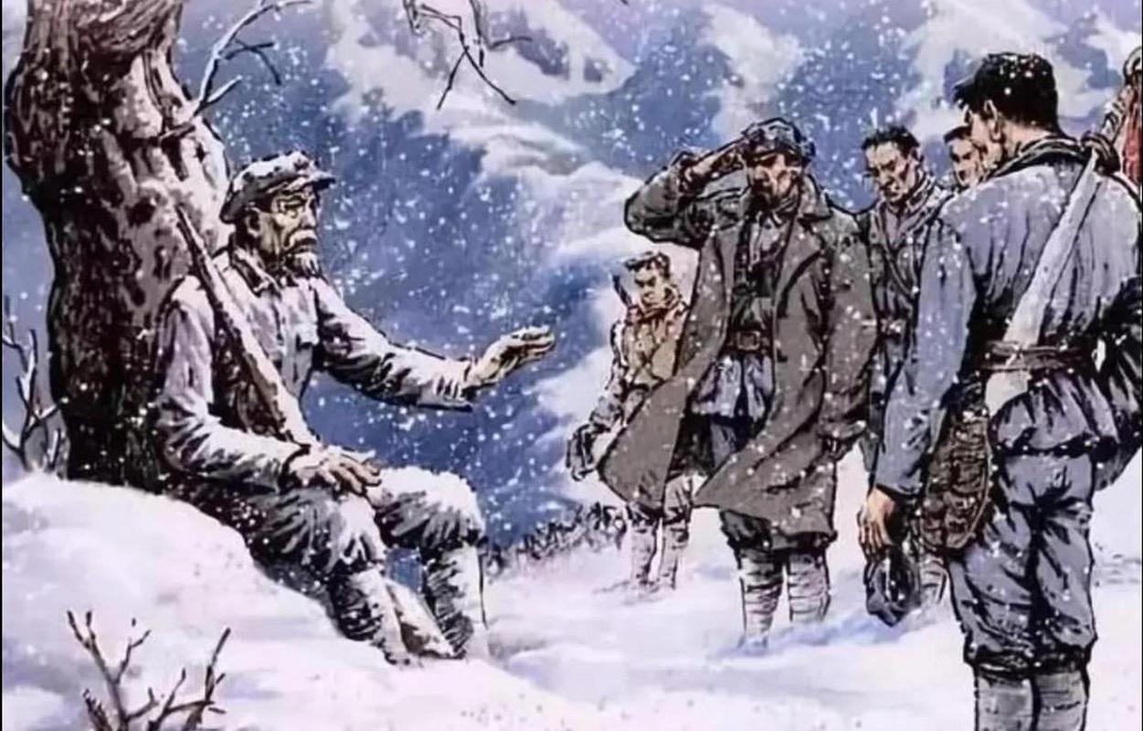 在翻越雪山的长征途中,一个衣着单薄的老战士被活活冻死路边,贺老总