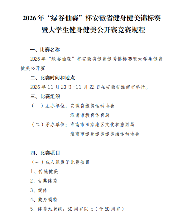 ​11月20号开赛！'绿谷仙森'杯安徽省健身健美锦标赛暨大学生健身健美公开赛（图2）